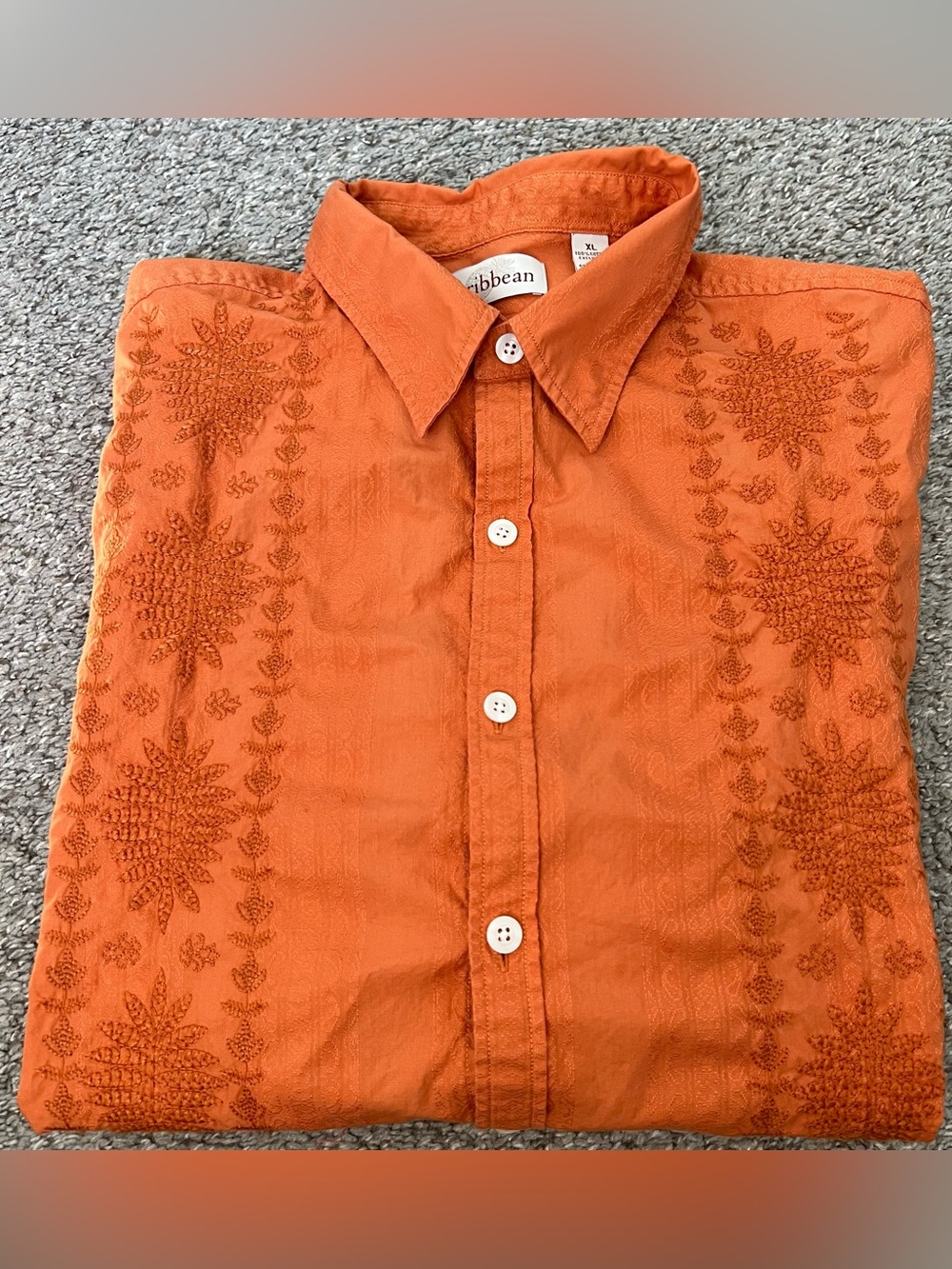 Caribbean Men's 100% Cotton Orange Embroidered Casual Button-Down Shirt Size XL